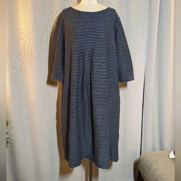 Erica Tanov Blue Denim Rye Dress Pockets Striped Size 4 XL - Picture 2 of 10